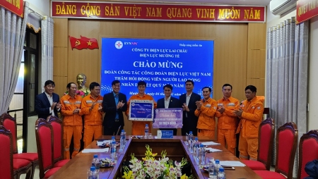 Phó Chủ tịch Công đoàn Điện lực Việt Nam Uông Quang Huy (thứ 5 từ trái sang) trao quà Tết cho đại diện đoàn viên, NLĐ.